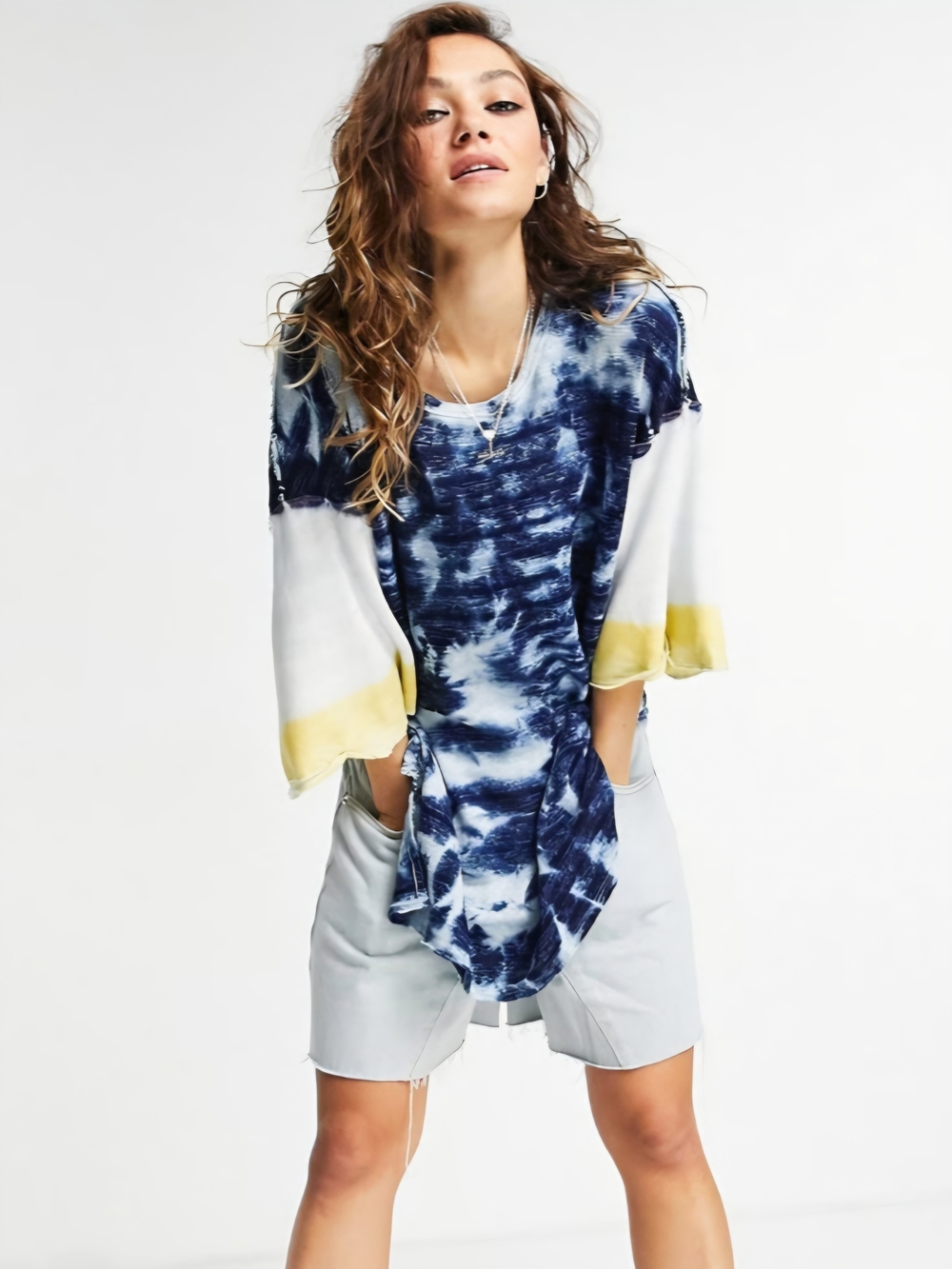 Free People Navy Tie-Dye Swim Coverup with Yellow Sleeve Accents